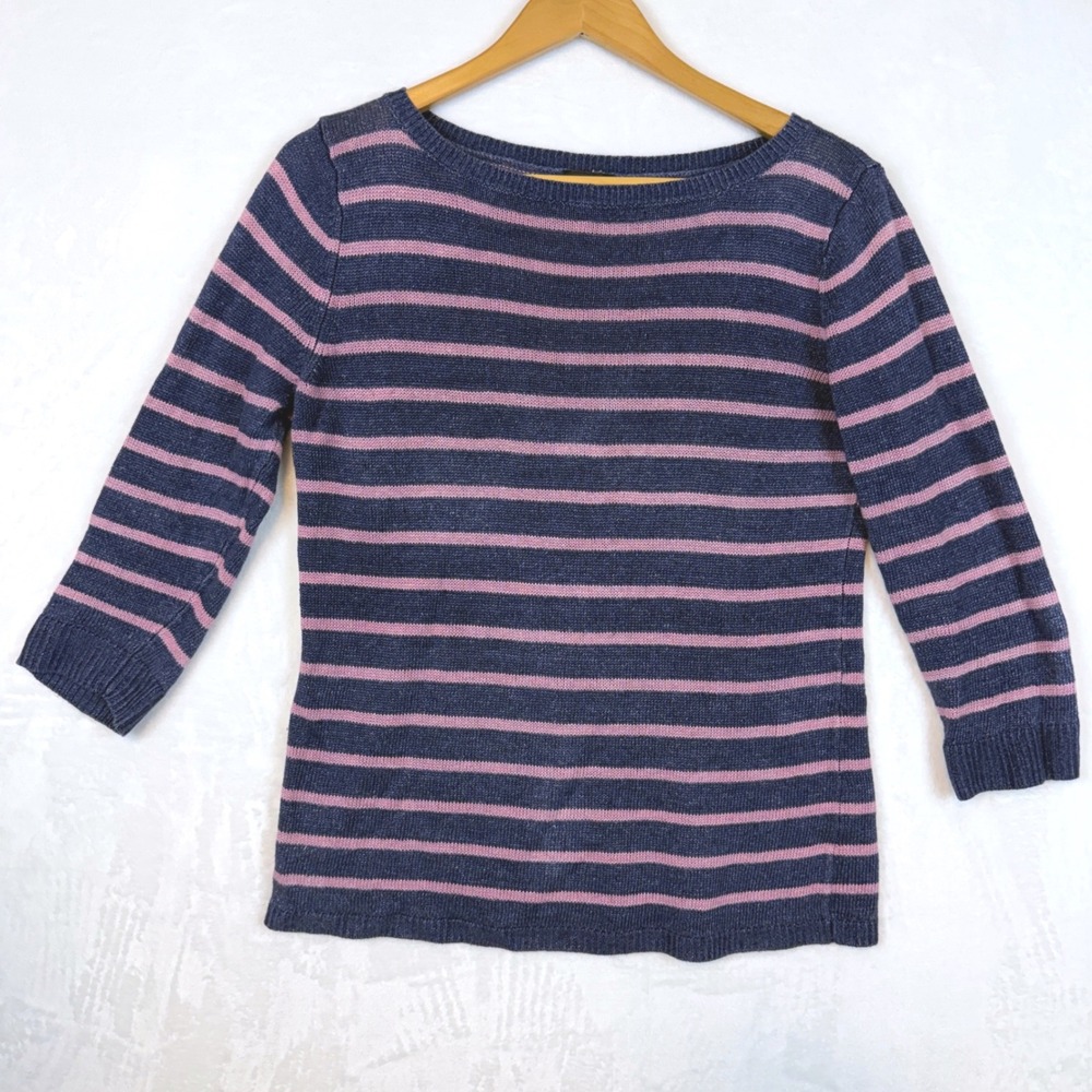 Talbots Womens 100% Linen Striped Boat Neck Preppy Classic‎ Sweater Nautical Med